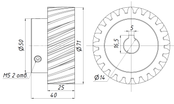 Шестерня косозубая M2,5-Z25-14 фланец 15мм