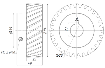 Шестерня косозубая M2,5-Z30-20 фланец 15мм