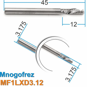 Фреза спиральная однозаходная стружка вниз MF1LXD3.12
