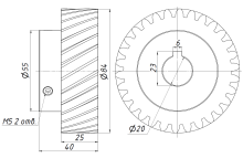 Шестерня косозубая M2,5-Z30-20 фланец 15мм