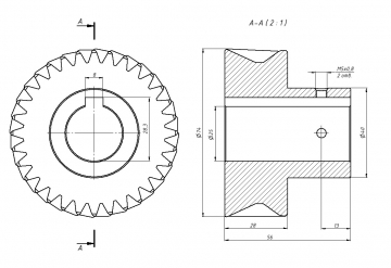 Шестерня косозубая прецизионная M2-Z32-25 фланец 28мм (Шпонка)